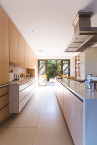 Image of a kitchen with glass doors to the garden