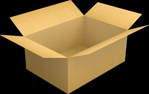 An open empty cardboard box against a black background.