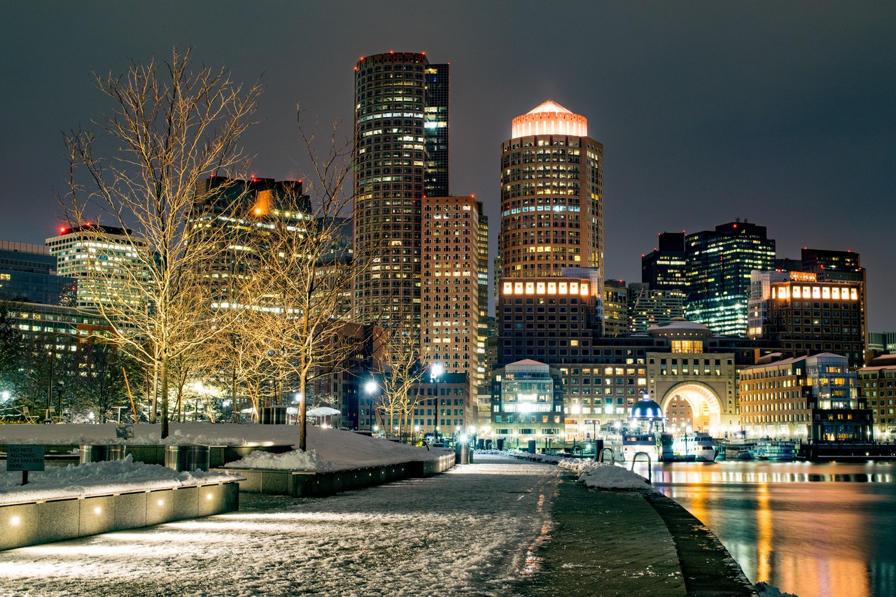 Boston, MA skyline at nighttime