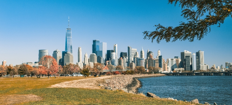 Manhattan Skyline photographed from the park in Jersey City.