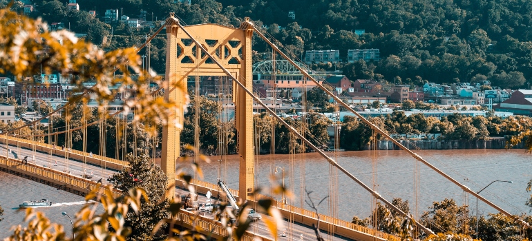 A yellow bridge in Pittsburgh.