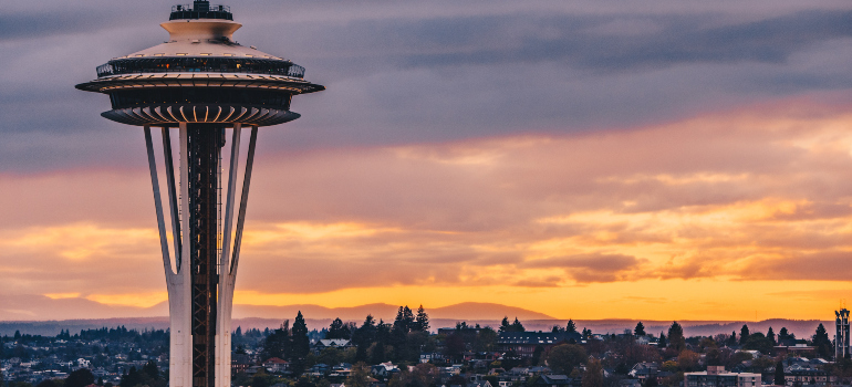 The Space Needle in Seattle during the sunset.