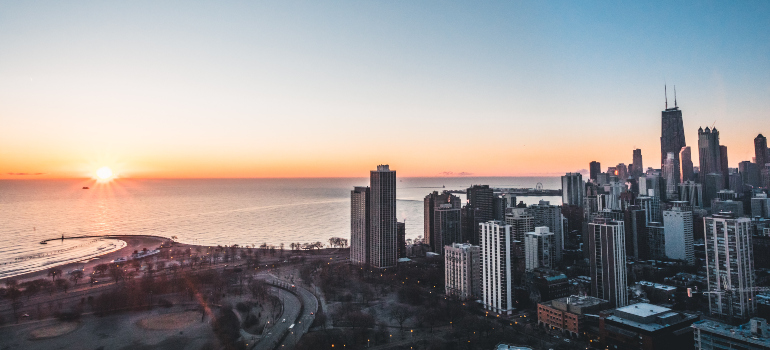 The Chicago skyline during a sunset over the Michigan Lake