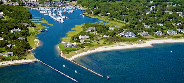 An aerial photo of bay in Massachusetts.